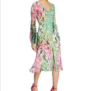 Badgley Mischka, size 10, long sleeve midi dress, palm print, worn once!